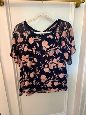 Maeve Floral Embroidered Navy and Blush Short Sleeve Blouse